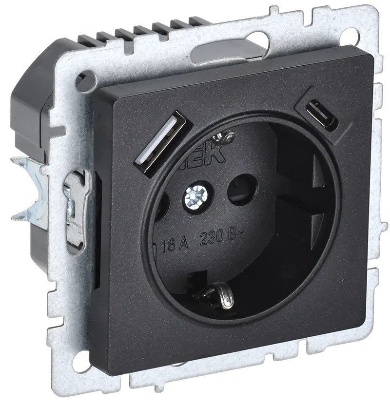 brite розетка 1-местная с заземлением с защитными шторками 16а с usb a+a 5в 3,1а рюш10-2-брч черный 