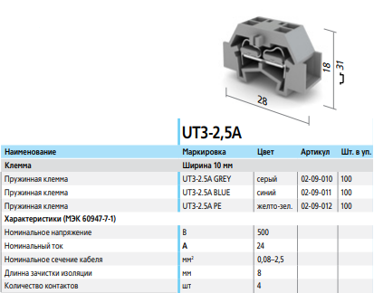 клемма пружинная ut3-2.5a pe двойная (текфор) 