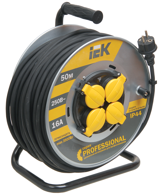 катушка ук50 с термозащитой 4 места 2p+pe/50м кг 3х1,5мм2 ip44 professional iek