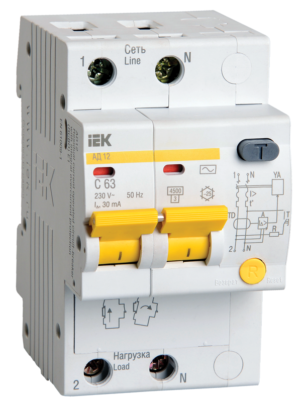 Автоматический выключатель дифференциального тока АД-12 2Р C10А 30mА IEK