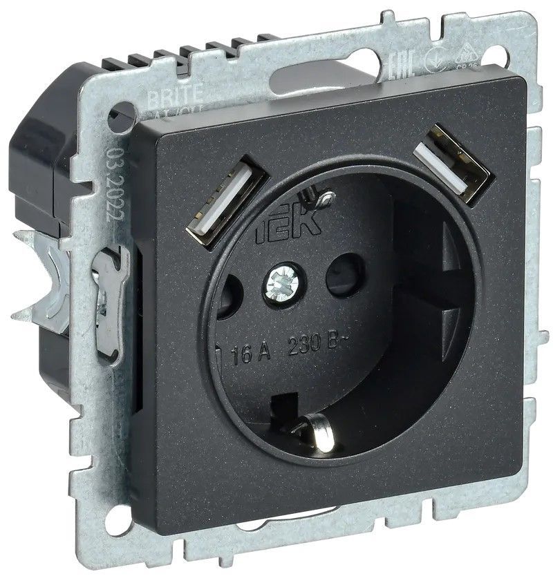 brite розетка 1-местная с заземлением с защитными шторками 16а с usb a+a 5в 3,1а рюш10-2-брч черный.