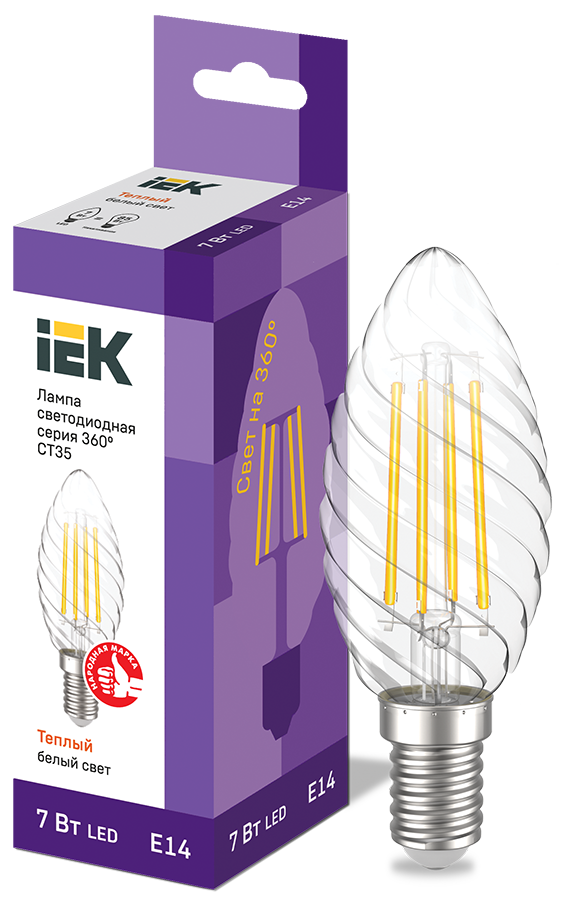 Лампа LED CT35 свеча 7Вт 230В 3000К E14 серия 360° витая прозрачная (филаментная) IEK