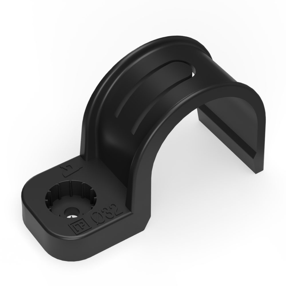Крепеж-скоба пластиковая односторонняя для прямого монтажа черная в п/э д32 (упак.25шт) Промрукав