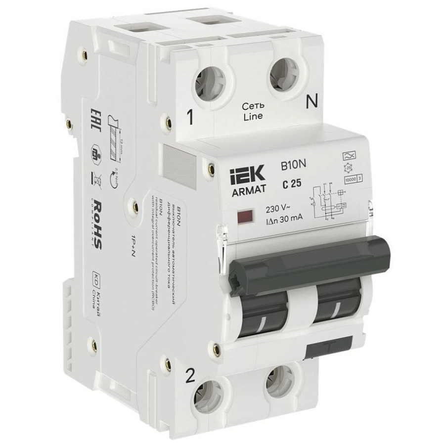 автоматический выключатель дифференциального тока armat авдт b10n 1p+np c25 30ма тип a (36мм) iek