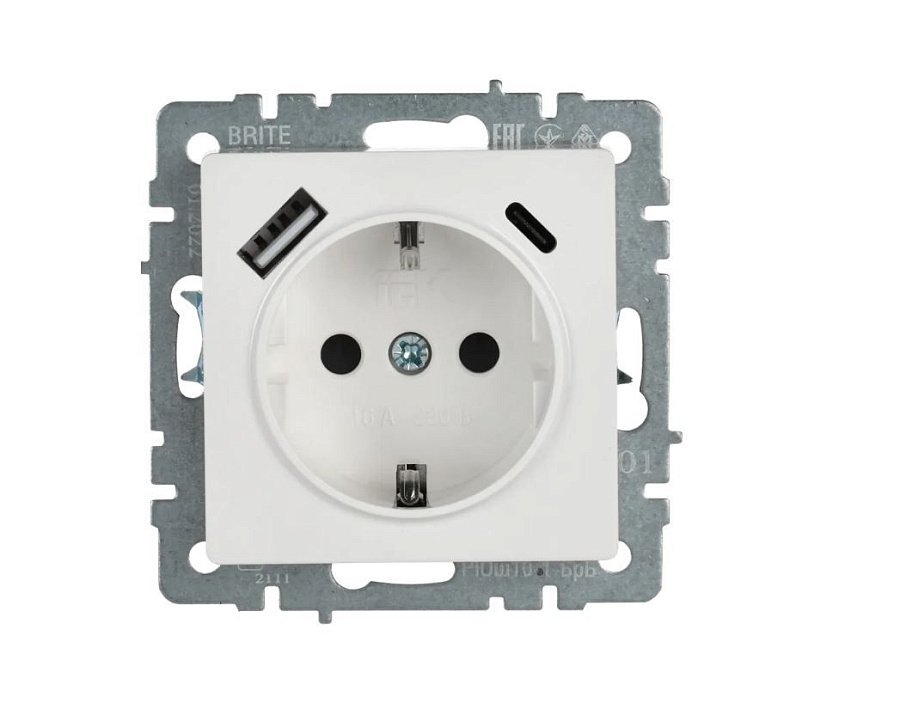brite розетка 1-местная с заземлением с защитными шторками 16а с usb a+c 18вт рюш11-1-брб белый iek