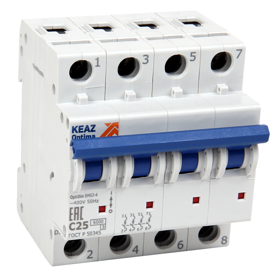 выключатель автоматический optidin bm63-4d63-ухл3  4р 63а хар-ка "d"  6ка (кeаz) новый