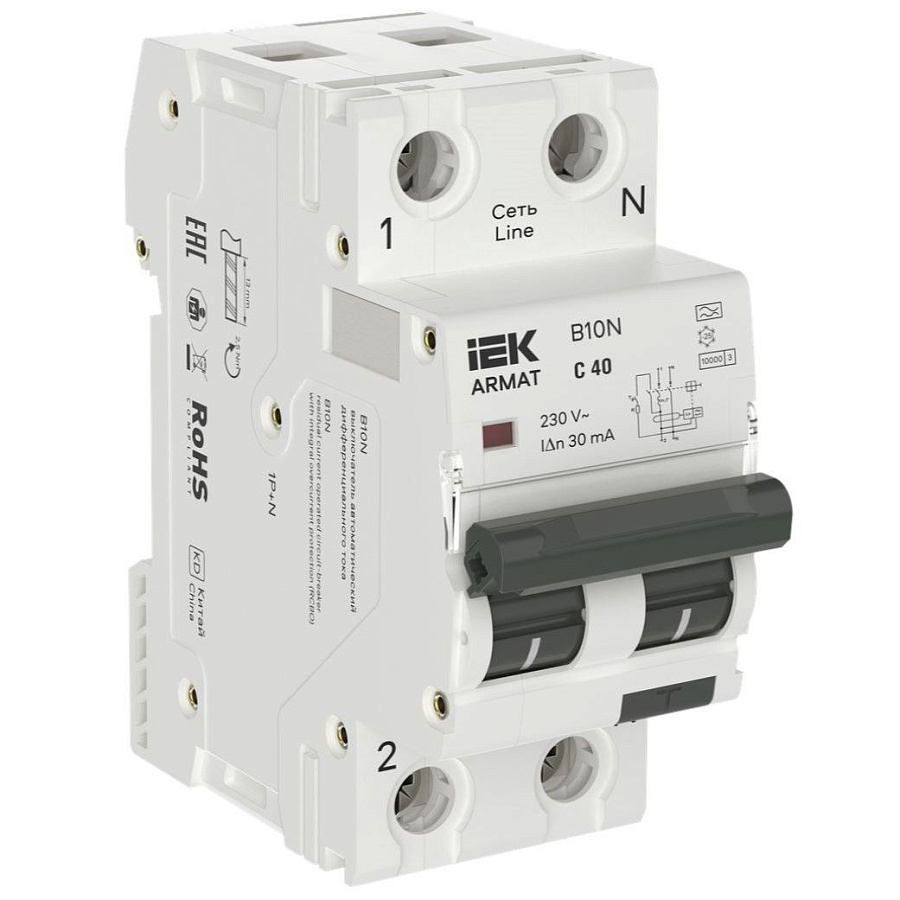 автоматический выключатель дифференциального тока armat авдт b10n 1p+np c40 30ма тип a (36мм) iek