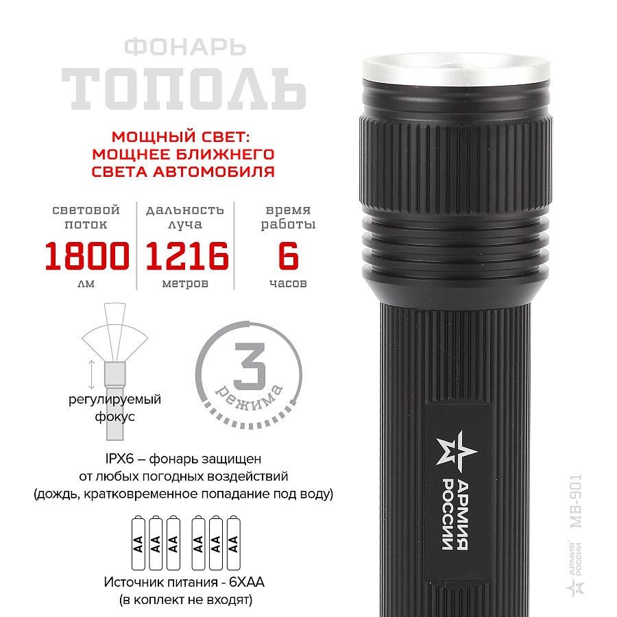 фонарик mb-901 тополь армия россии 20вт алюминий регулируемый фокус