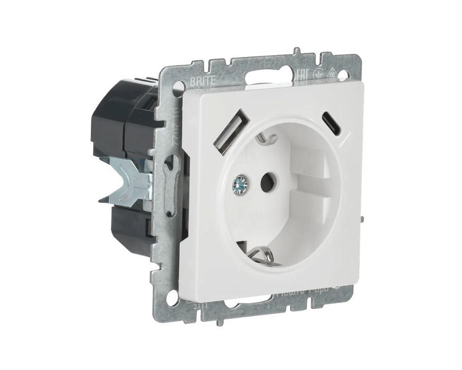 brite розетка 1-местная с заземлением с защитными шторками 16а с usb a+c 18вт рюш11-1-брб белый iek
