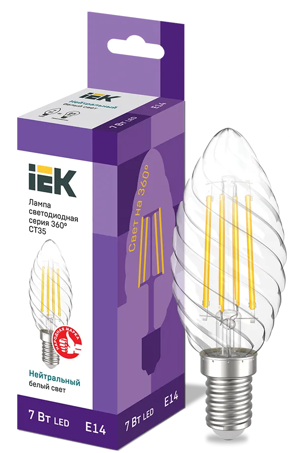 Лампа LED CT35 свеча 7Вт 230В 4000К E14 серия 360° витая прозрачная (филаментная) IEK