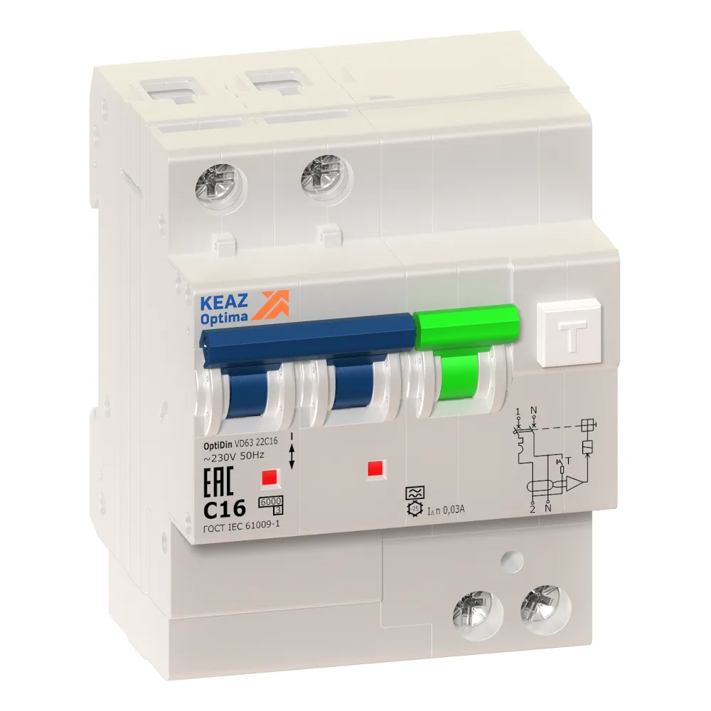 Автоматический выключатель дифференциального тока АВДТ OptiDin VD63-22C10-A-УХЛ4 (2P, C10, 30mA) (КEАZ)