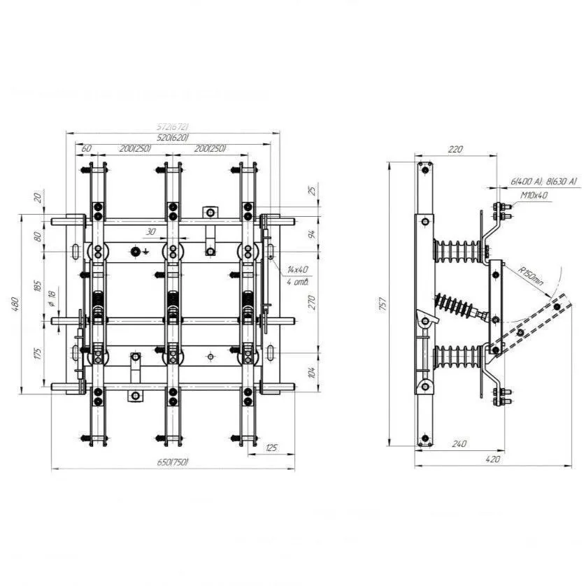 разъединитель рвз- 10/630 lll с приводами (пр-10а -3шт), фарфоровые изоляторы (вэмз)