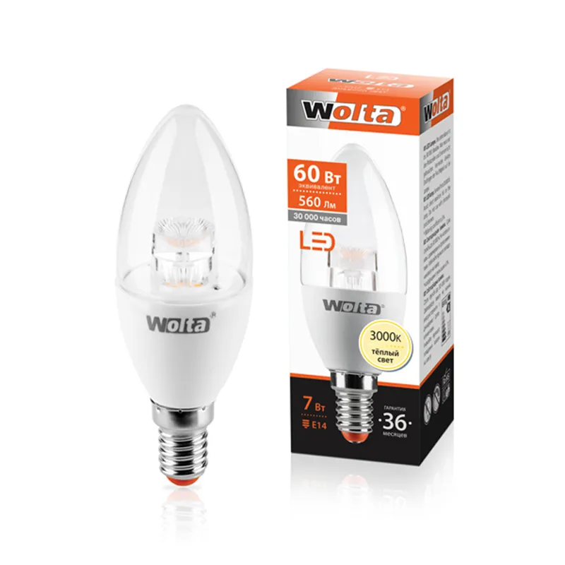 Лампа LED С37 7Вт 3000К Е14 прозрачная свеча WOLTA