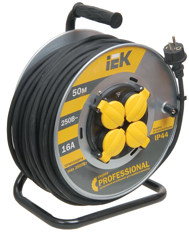 катушка ук50 с термозащитой 4 места 2p+pe/50м кг 3х1,5мм2 ip44 professional iek