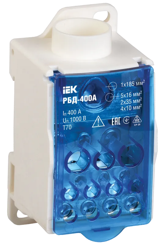 распределительный блок на din-рейку рбд-400а (ввод 1х185мм2, вывод 2х35мм2+5х16мм2+4х10мм2)